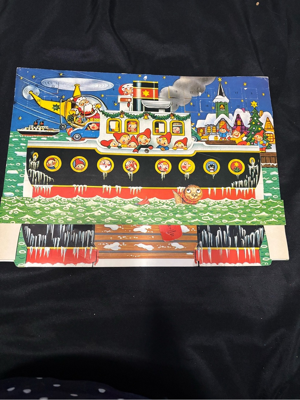 Vintage Danish 3D pop-out advent calendar elves ship Christmas. Santa